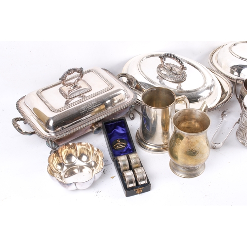 189 - A box of assorted silver plated table items. Including two oval entree dishes and a rectangular entr... 