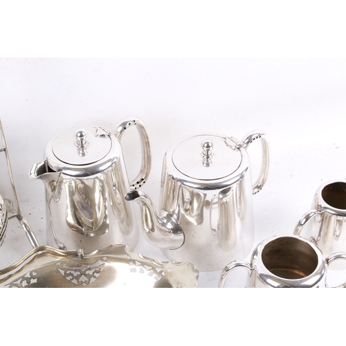 196 - A group of assorted silver plate. Including a cake stand, three piece tea set, etc. Largest H38cm