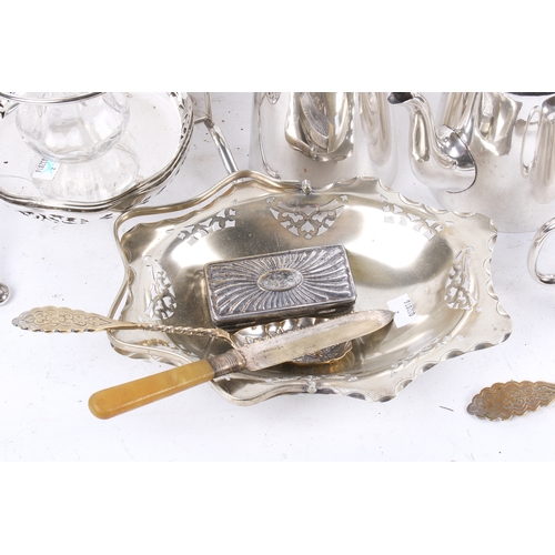 196 - A group of assorted silver plate. Including a cake stand, three piece tea set, etc. Largest H38cm