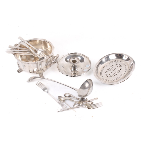 199 - Collection of assorted silver plate. Including a chamber stick, some cutlery, etc. Largest H11cm