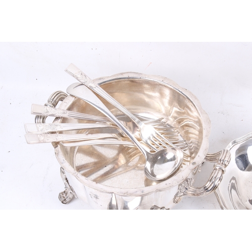 199 - Collection of assorted silver plate. Including a chamber stick, some cutlery, etc. Largest H11cm