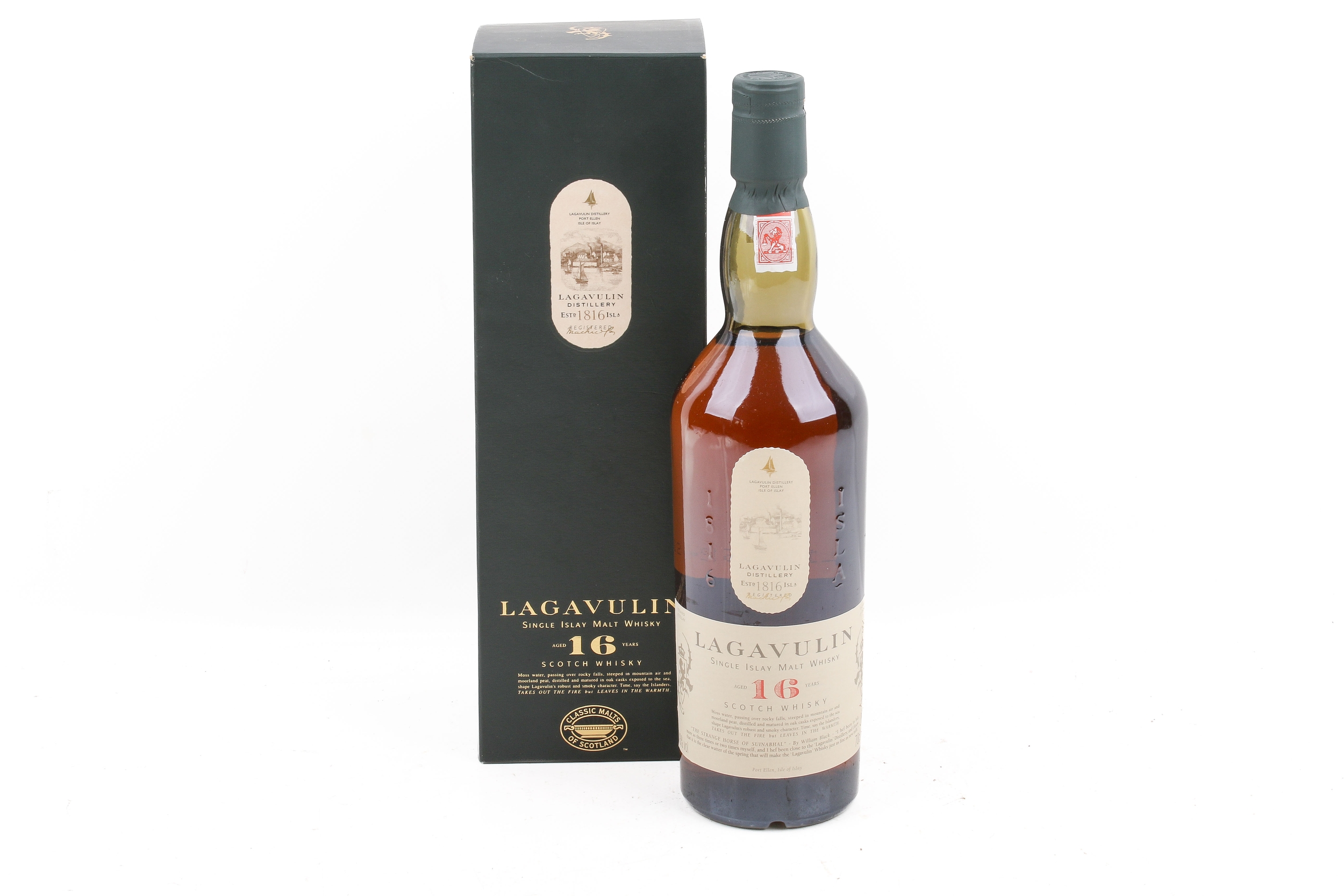 A bottle of Lagavulin 16 years single Islay malt whisky, boxed. 43% vol ...