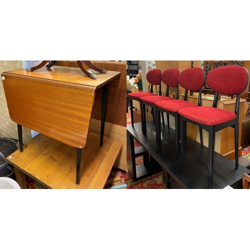 76 - Drop leaf table with four red chairs