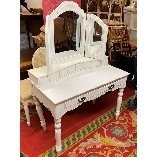 White triple mirror dressing table by Country Corner with six drawers