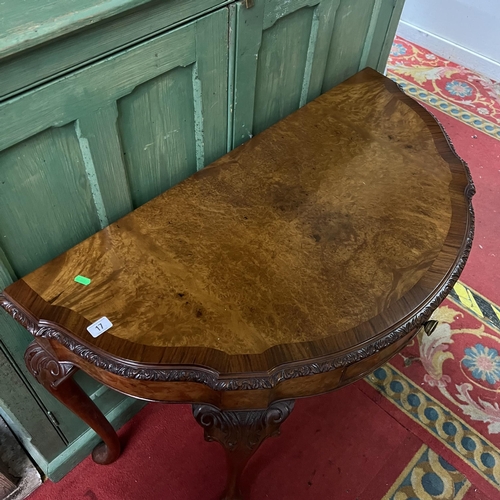 17 - Walnut and mahogany half moon console table with single drawer front on Queen Anne legs