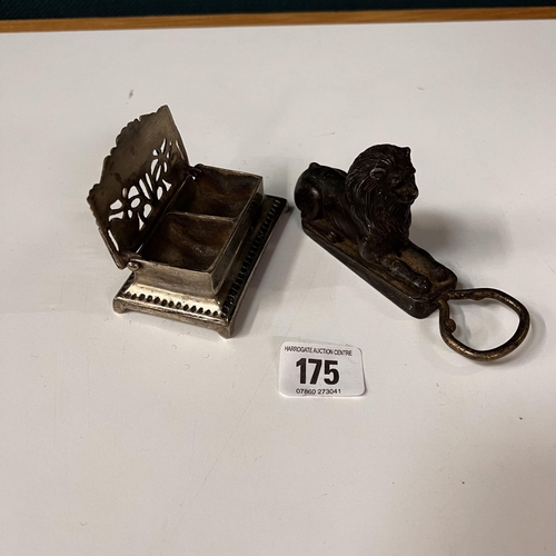 175 - Antique lion bottle opener and early stamp holder