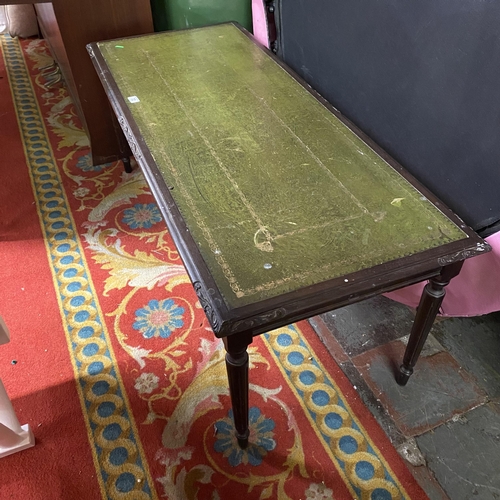 72 - Oak green leather top coffee table on turn legs