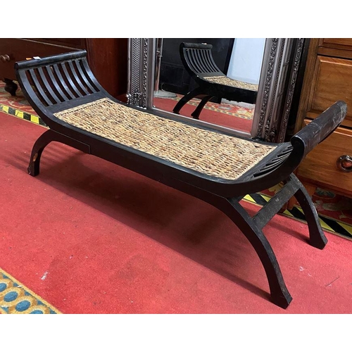 15 - Ebonised Rush bottom seated bench