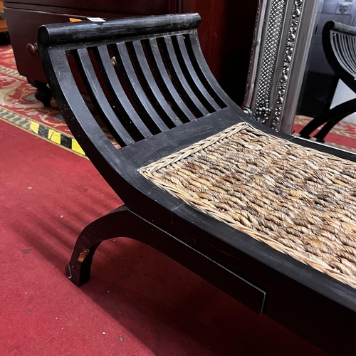 15 - Ebonised Rush bottom seated bench