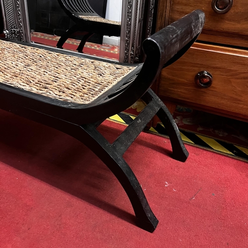 15 - Ebonised Rush bottom seated bench