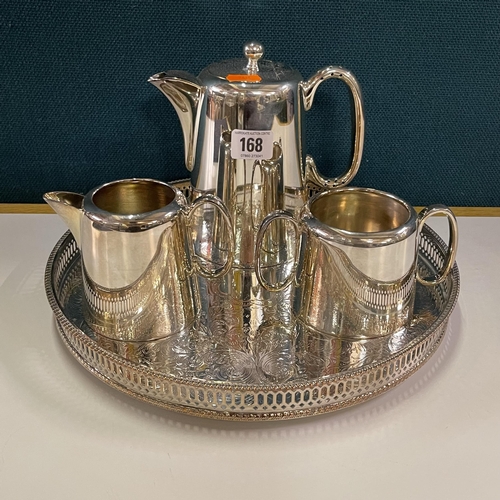 168 - Sheffield plate 1.5pt tea pot with matching cream jug and sugar basin on gallery rail tray