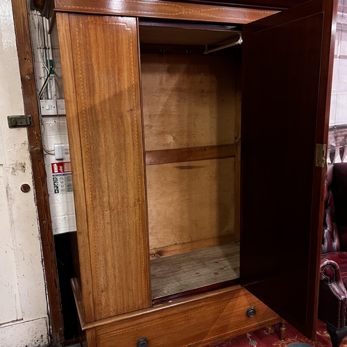 17 - Edwardian mahogany mirrored door wardrobe on single drawer base with cross banding inlay and bevelle... 