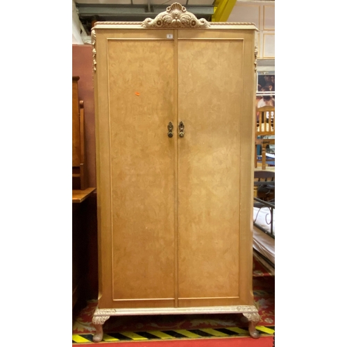 3 - 1950’s heavily carved bleached walnut double door wardrobe complete with brass handles on Queen Anne... 