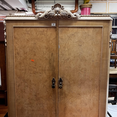 3 - 1950’s heavily carved bleached walnut double door wardrobe complete with brass handles on Queen Anne... 