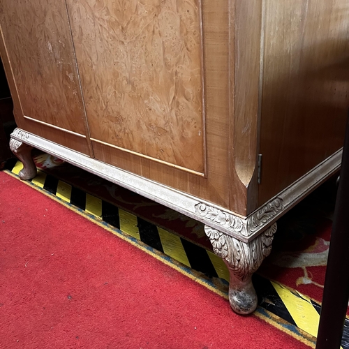 3 - 1950’s heavily carved bleached walnut double door wardrobe complete with brass handles on Queen Anne... 