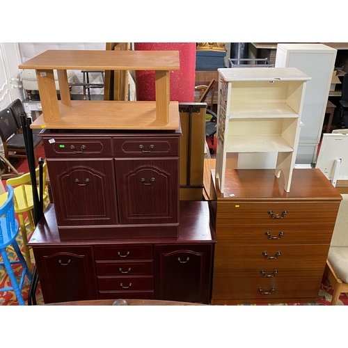 44 - Selection of furniture including mahogany sideboard set, coffee table, bookshelf and five drawer che... 