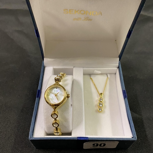 90 - Sekonda ladies wrist watch and triple stone necklace in presentation box