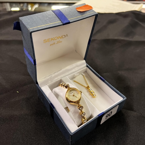 90 - Sekonda ladies wrist watch and triple stone necklace in presentation box