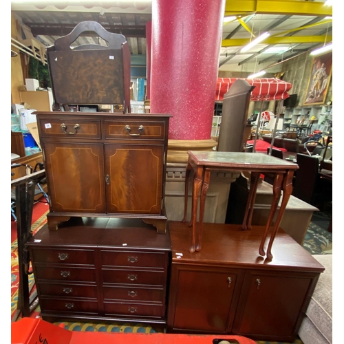 54 - Mahogany cabinet, stereo cabinet, nest of tables, inlaid cabinet and oak magazine rack