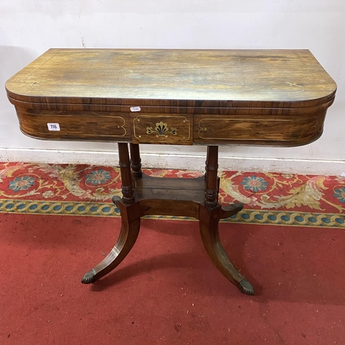 116 - Victorian rosewood fold over games table with brass inlay on splay legs and brass castors