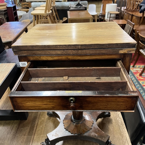 320 - Victorian mahogany sewing box/games table including back gammon chess board on centre pedestal base ... 