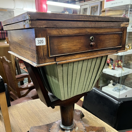 320 - Victorian mahogany sewing box/games table including back gammon chess board on centre pedestal base ... 