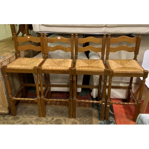 61 - Set of four rush bottom seated oak kitchen/bar stools