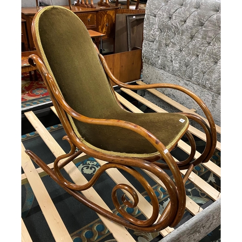 69 - Victorian bentwood rocking chair with green velvet seat