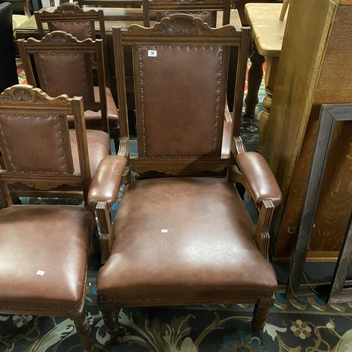 76 - Edwardian salon suite - Grandfather and Grandmother chair and four matching diners in VGC