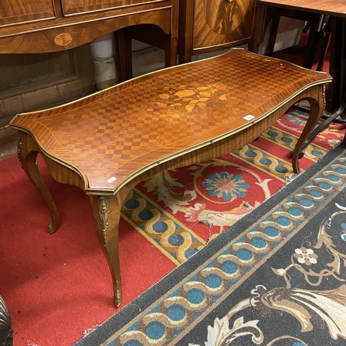 83 - Mahogany french style parquet top inlaid coffee table