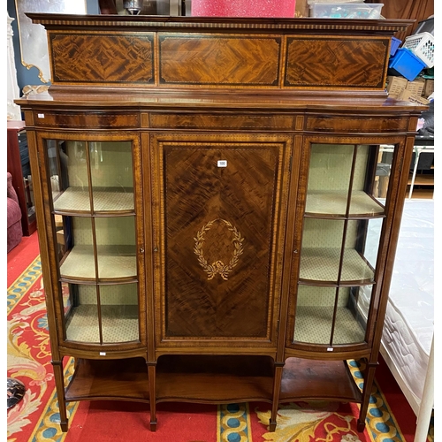 100 - Beautiful Edwardian mahogany inlaid bow fronted glass china cabinet with keys and cross banding inla... 