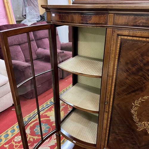 100 - Beautiful Edwardian mahogany inlaid bow fronted glass china cabinet with keys and cross banding inla... 