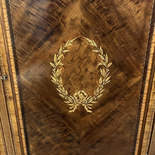 100 - Beautiful Edwardian mahogany inlaid bow fronted glass china cabinet with keys and cross banding inla... 