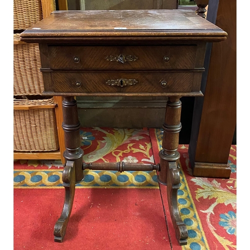 47 - Beautiful Period oak sewing chest with games table swivel top on fabulous legs