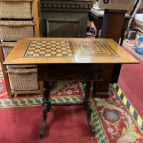 47 - Beautiful Period oak sewing chest with games table swivel top on fabulous legs