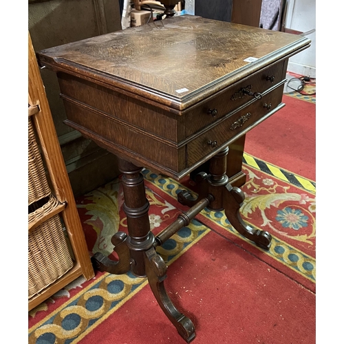 47 - Beautiful Period oak sewing chest with games table swivel top on fabulous legs