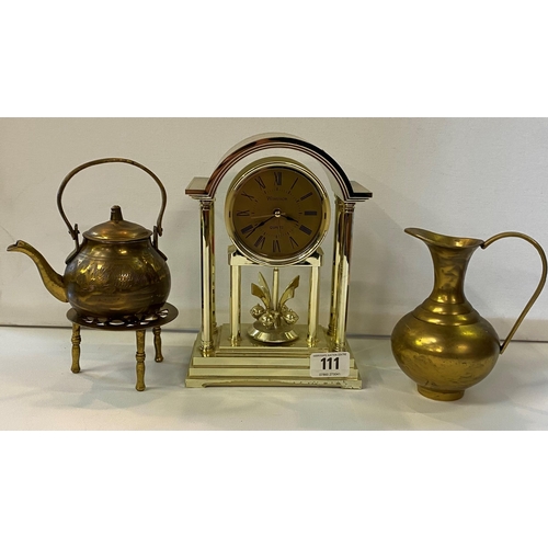 111 - Windsor day clock and brass miniature kettle on trivet with brass jug