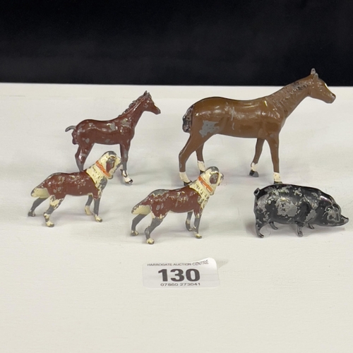 130 - Lead cold painted animals. 2 dogs/pig/2 horses. Circa 1950