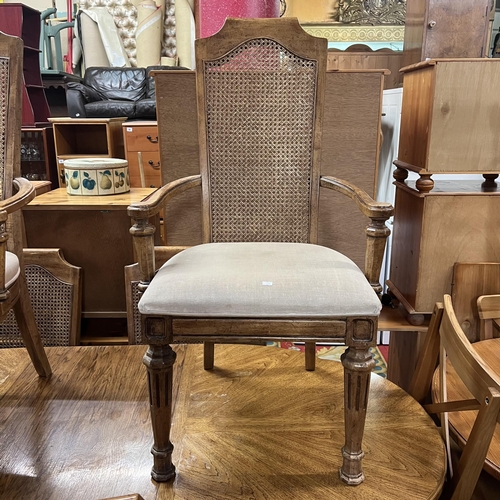 15 - American oak dining table with four bergere dinners and two matching carvers - complete with extendi... 