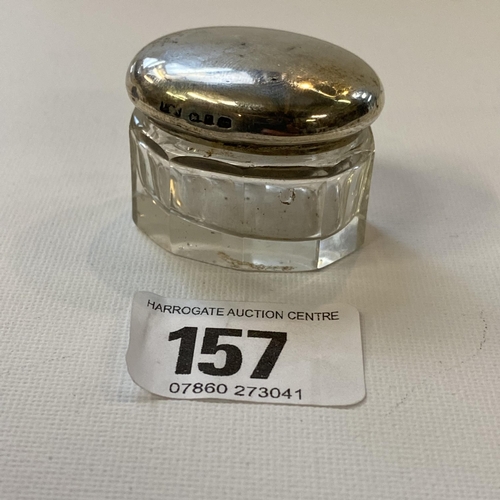 157 - Glass pill box with hallmarked solid silver lid