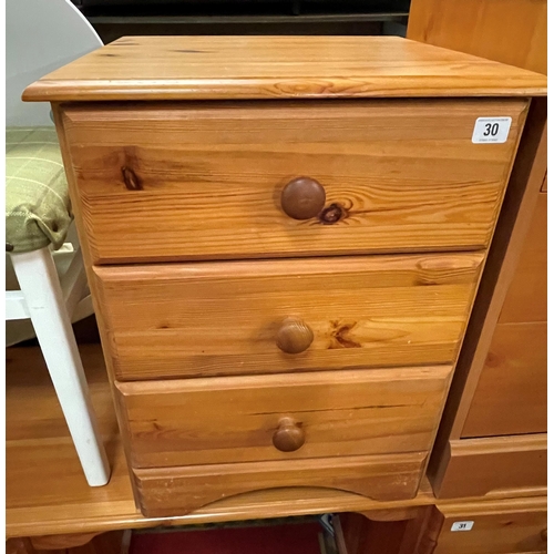 30 - Pine three drawer bedside chest