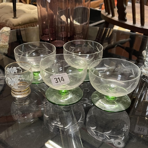 314 - Set of four green etched sundae dishes