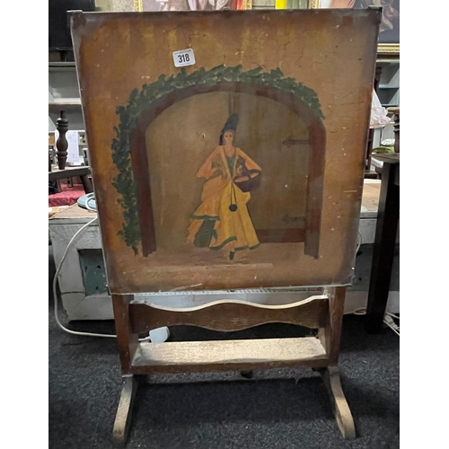 318 - Vintage oak fire screen table depicting fruit picker