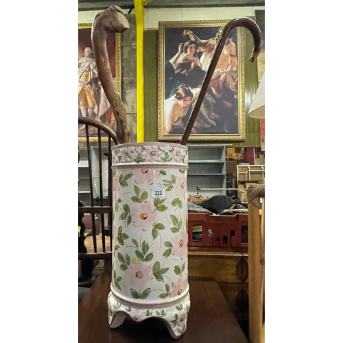 322 - Large floral hand painted stick stand containing two sticks