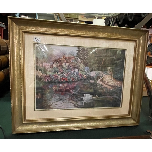 330 - Gilt framed print depicting cottage scene signed Violet Schwerug