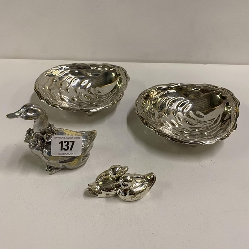 137 - Pair of Silver plated Bonbon shells and two Silver Plated Birds