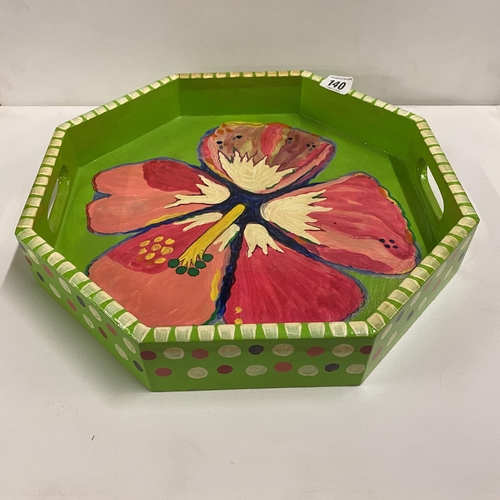 140 - Hand painted octagonal wooden tray signed Barbara Finsness Signature Collection Bermuda