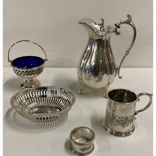 154 - A selection of Silver Plated items including sugar basin water jug miniature tankards and napkin rin... 