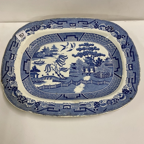 157 - Large Antique Willow Pattern meat charger 16” x 12”