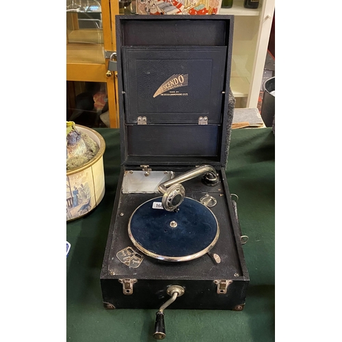 168 - Orescendo portable wind up gramophone by Decca with spare needle and handle